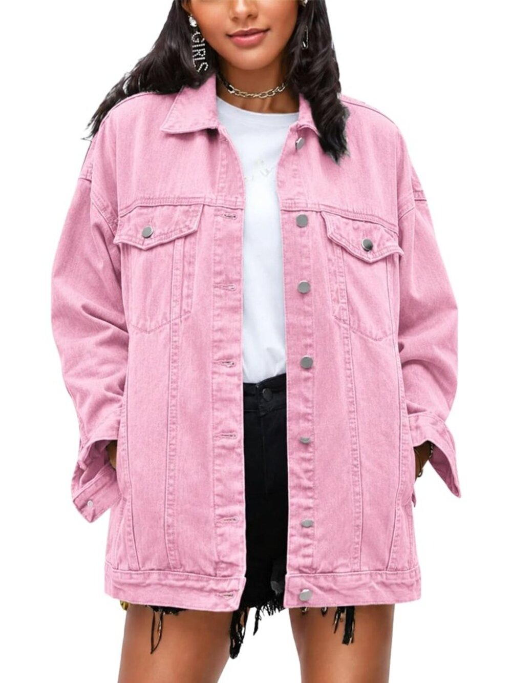 Women's Pink Mid Long Casual Jean Oversized Fall Jacket Trendy with Pockets